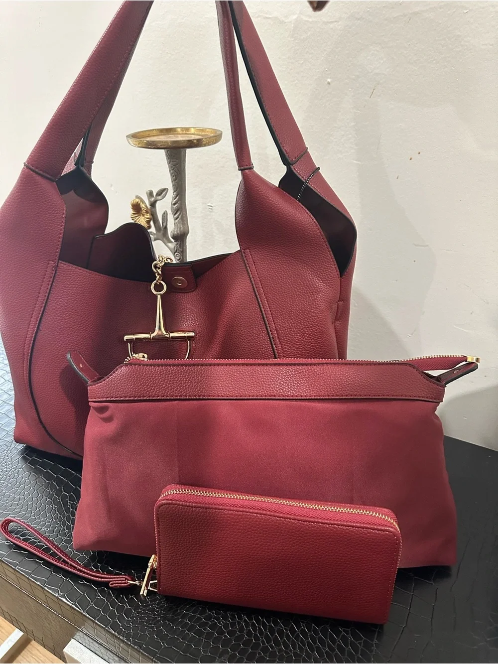 Women's Burgundy Hobo Bag with Gold Accent